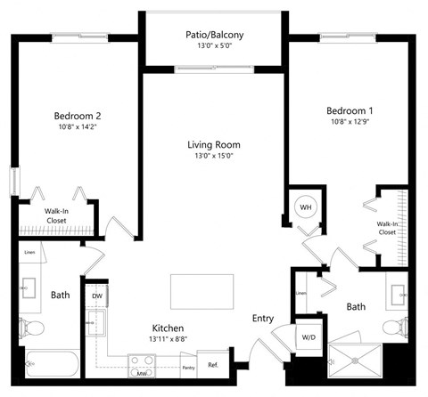 Floor plan for 2 beds, 2 baths, 1116 sqft